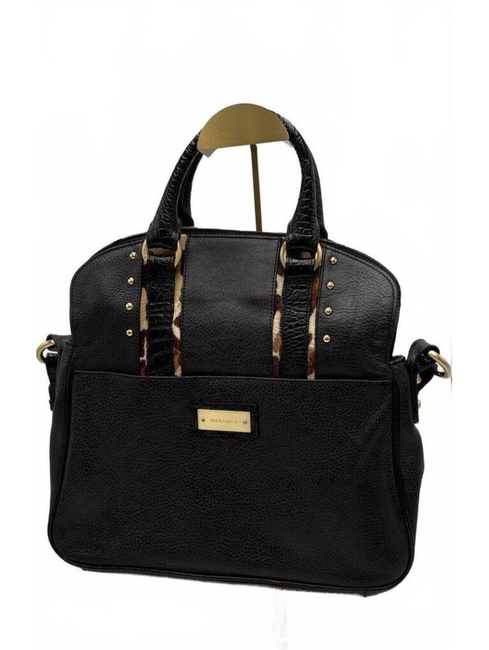 Brahmin Medium Black Leather Satchel Shoulder Bag Studded Trim Crocodile Emboss